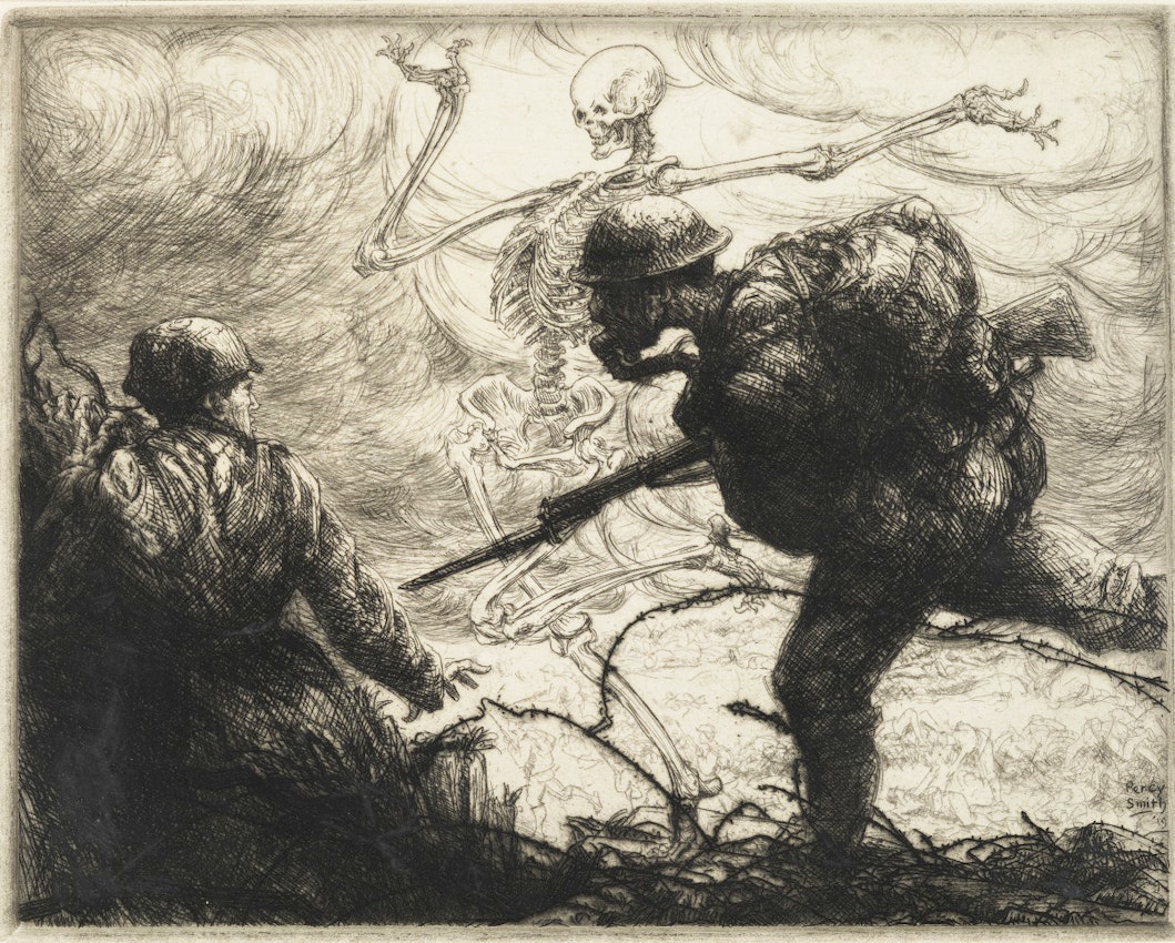 Two soldiers, one standing and one crouching, face a skeletal figure amidst a desolate battlefield. The background features swirling clouds and barbed wire, emphasizing the grim atmosphere of the scene.