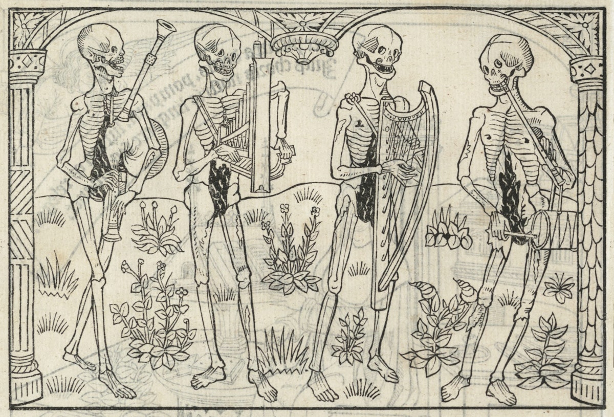 Four skeletal figures play musical instruments in a detailed, decorative scene.