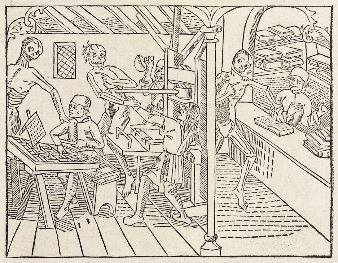 Skeletal figures interact with workers in a printing press shop.