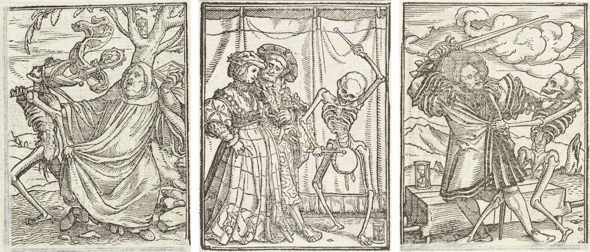 In the first panel, a skeletal figure confronts a man under a tree. The second panel shows a skeletal figure drumming near a couple. The third panel depicts a man fighting a skeleton with a sword, with an hourglass in the background.