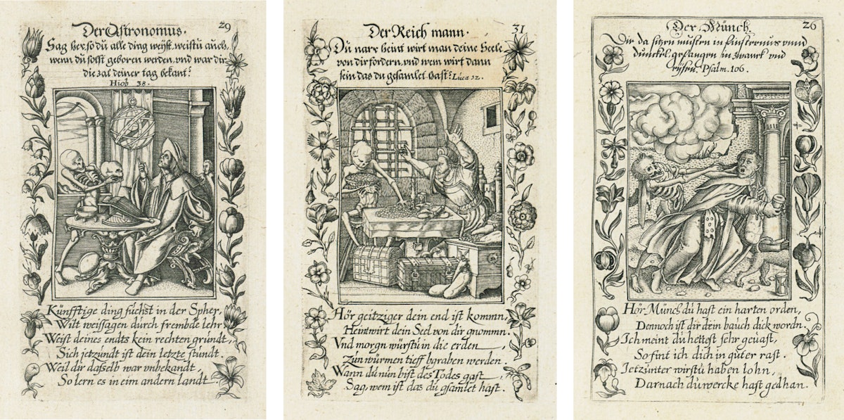 Three illustrations show skeletal figures interacting with different individuals. The first panel features a skeleton with an astronomer, the second shows a skeleton collecting coins from a wealthy man, and the third depicts a skeleton seizing a monk. Each scene is framed with decorative floral borders and text in German.