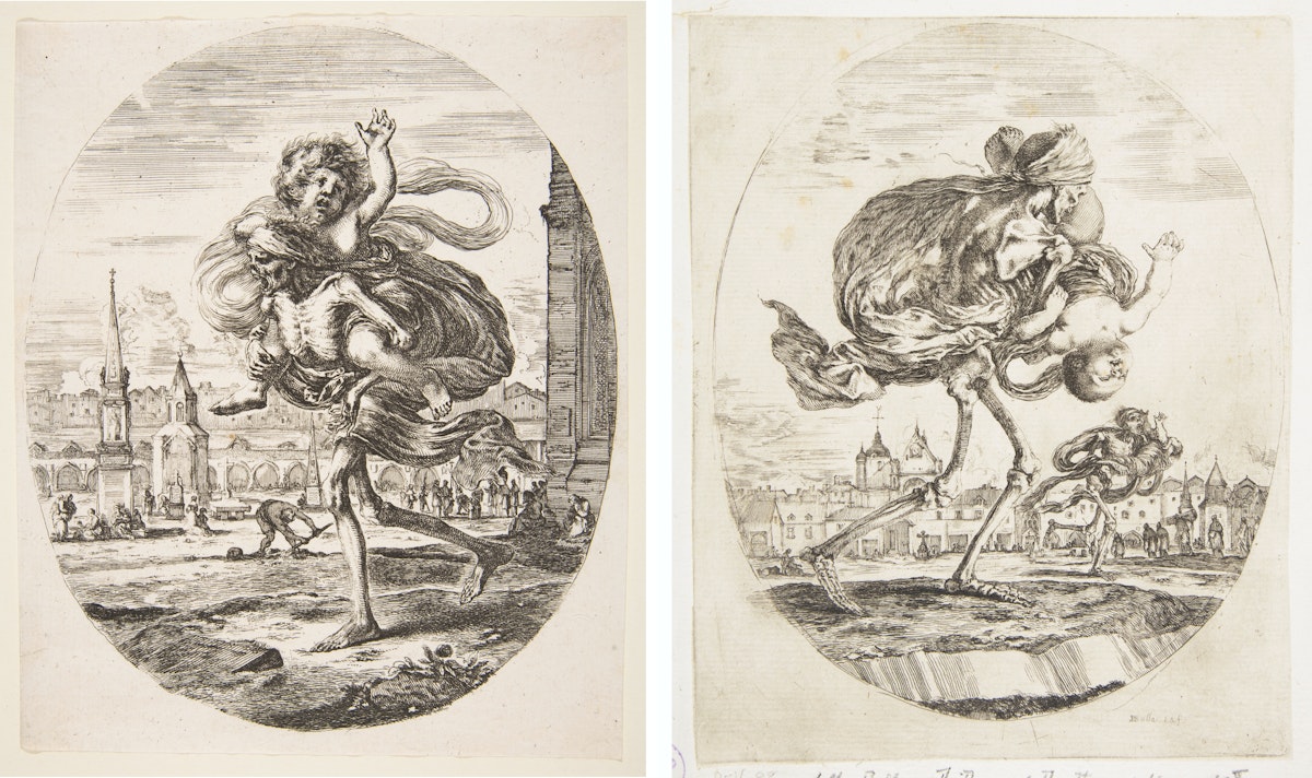 Two images depict skeletal figures walking through a town, each carrying a human figure draped in cloth.