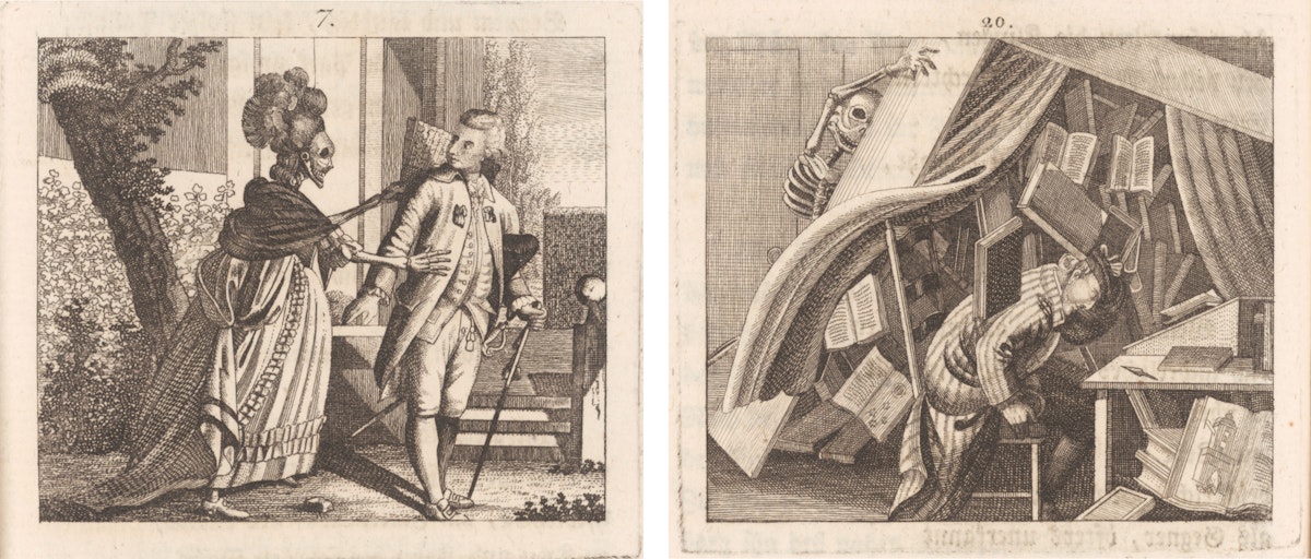 The left scene depicts a skeleton dressed in elegant clothing interacting with a startled man in a garden. The right scene shows a skeleton toppling a bookshelf onto a person in a study, with books scattering around.