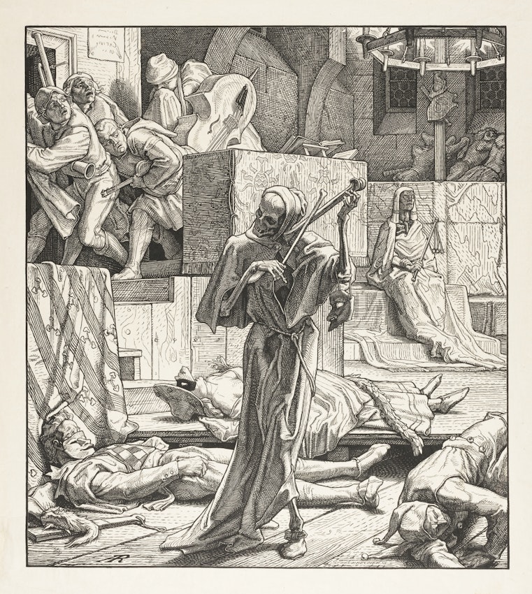 A hooded skeletal figure plays a violin in a chaotic room filled with lifeless bodies and distressed individuals.