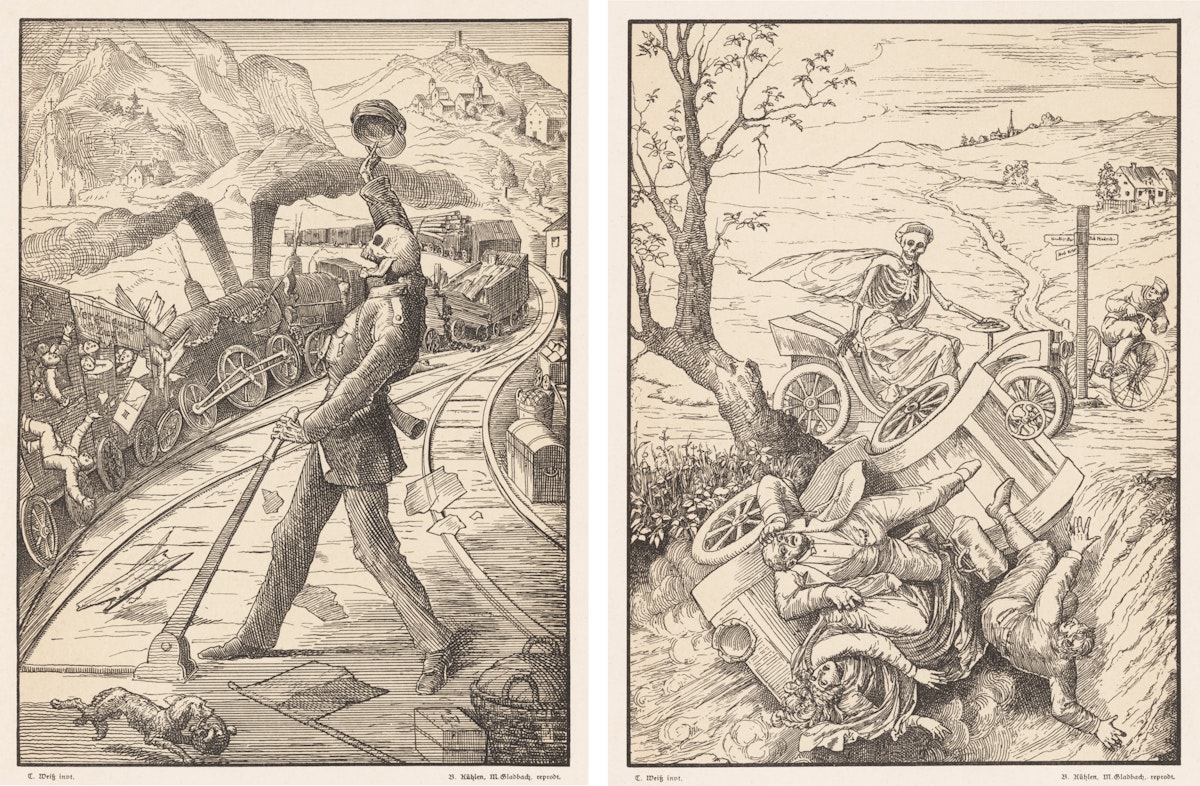 The left panel depicts a skeletal figure pulling a lever to cause a train collision in a mountainous landscape. The right panel shows a skeletal figure driving an early automobile that has crashed, with people falling from the vehicle, set in a rural area with hills and a tree in the background.