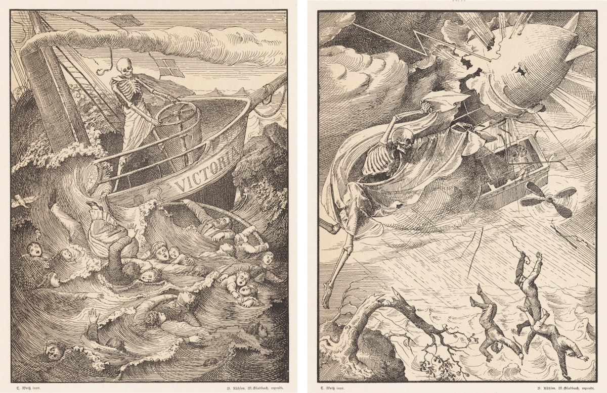 The left panel depicts a skeletal figure at the helm of a ship called 'Victoria,' navigating stormy waters as people struggle and drown. The right panel shows a skeletal figure riding a disintegrating airplane amid lightning and storm clouds, with individuals plummeting towards the sea below.