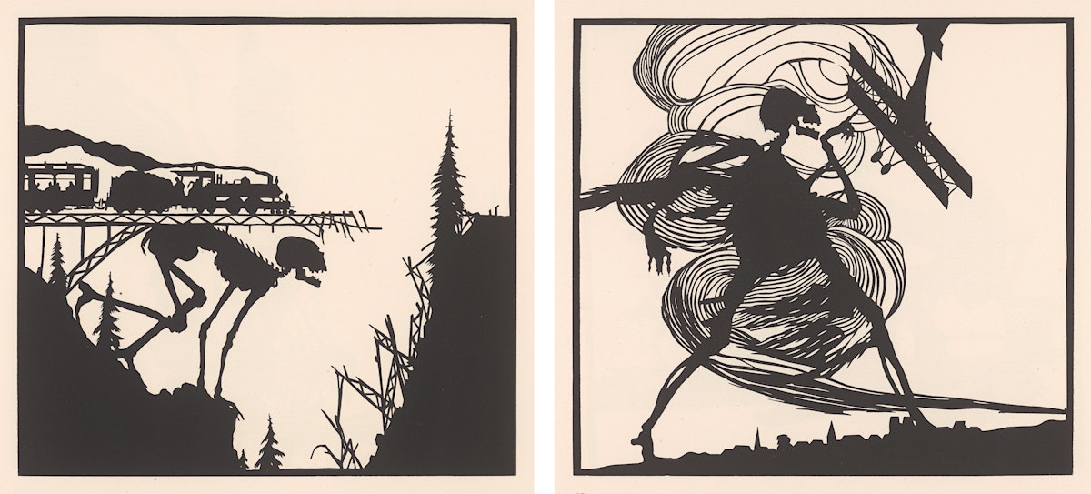 The left panel shows a skeletal figure causing a train to derail off a bridge into a ravine. The right panel features a skeletal figure entangled with an airplane, surrounded by swirling lines, suggesting chaos and destruction. Both scenes are depicted in a stark black and white silhouette style.