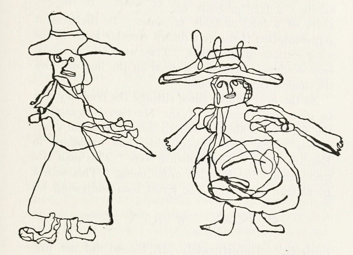 Two single line drawings of humanoid figures