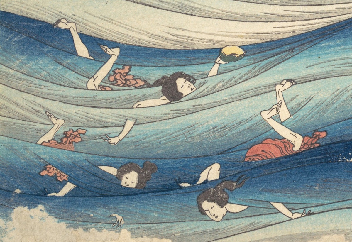 women in the waves diving for oysters