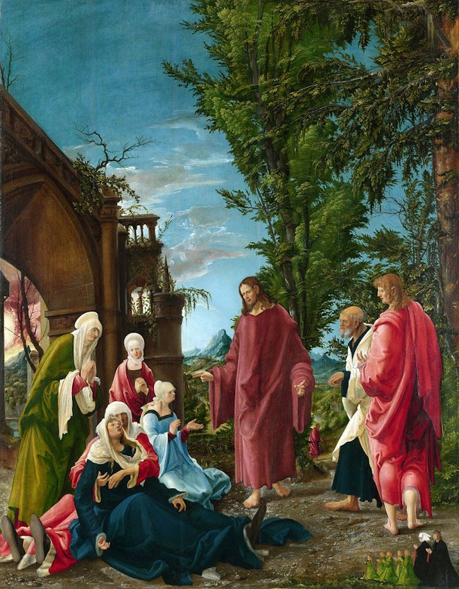 Albrecht Altdorfer Christ Taking Leave of His Mother)
caption={Albrecht Altdorfer, *Christ Taking Leave of His Mother*, ca. 1520 — <a href="https://en.wikipedia.org/wiki/Christ_taking_leave_of_his_Mother#/media/File:Albrecht_Altdorfer,_Christ_Taking_Leave_of_His_Mother_(probably_1520).jpg">Source</a>