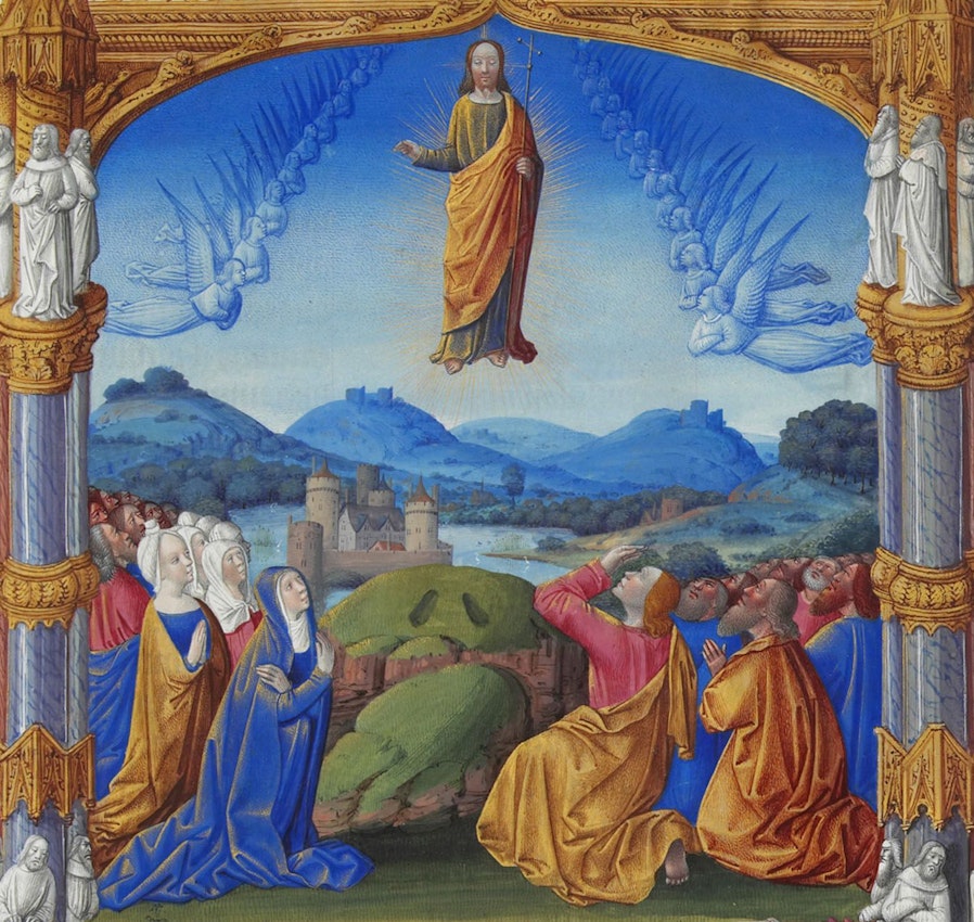 Très Riches Heures du duc de Berry Ascension)
caption={Detail from “The Ascension” (folio 184r) from the *Très Riches Heures du duc de Berry*, ca. 1412 — <a href="https://commons.wikimedia.org/wiki/File:Folio_184r_-_The_Ascension.jpg" rel="noopener noreferrer" target="_blank">Source</a>