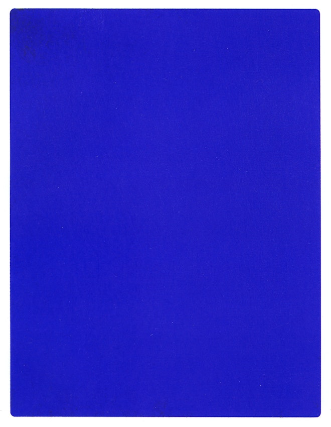 Yves Klein blue IKB 191)
caption={Yves Klein, *IKB 191*, 1962, one of a number of works Klein painted with International Klein Blue — <a href="https://commons.wikimedia.org/wiki/File:IKB_191.jpg" rel="noopener noreferrer" target="_blank">Source</a> (Not public domain)