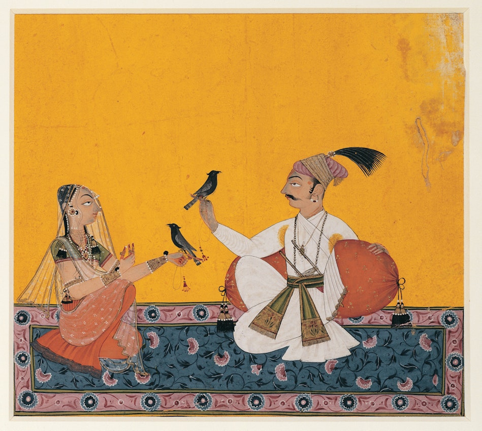 Kausa Ragaputra Indian Yellow)
caption={Ragamala Rajput painting from northern India, ca. 1700, displaying heavy use of “Indian yellow” — <a href="https://commons.wikimedia.org/wiki/File:Kausa_Ragaputra.jpg" rel="noopener noreferrer" target="_blank">Source</a>