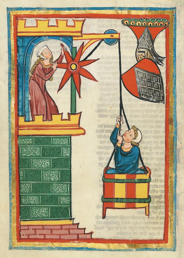 Codex Manesse red lead miniature)
caption={Illustration for the poet Herr Kristan von Hamle (folio 71v), from the Codex Manesse, an early 14th-century poetry anthology produced in Zurich — <a href="https://digi.ub.uni-heidelberg.de/diglit/cpg848">Source</a>