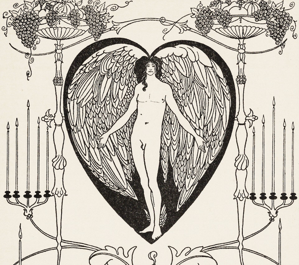 Illustration of a winged humanoid figure inside a heart, flanked by fruit baskets and candelabra.