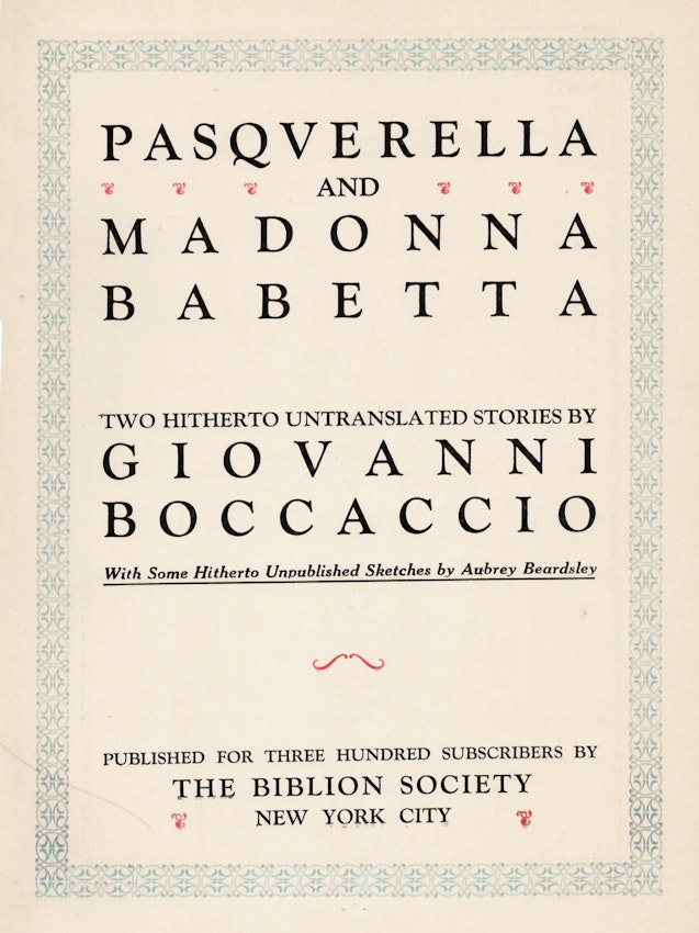 Cover of a book titled 'Pasquverella and Madonna Babet' by Giovanni Boccaccio with decorative border and text.