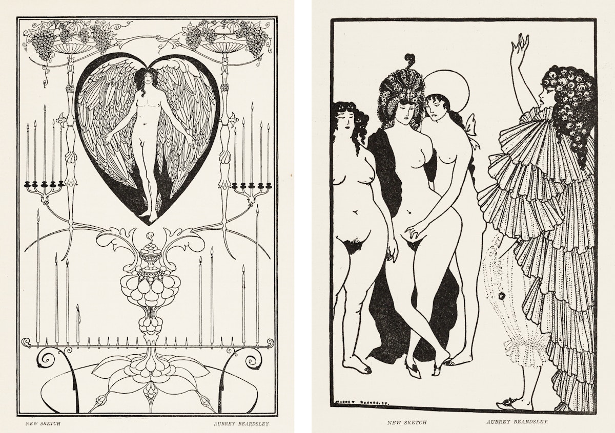 The left drawing features a winged humanoid figure within a heart-shaped boundary, adorned by candlesticks and fruit baskets. The right drawing showcases three nude female figures and one in an elaborate frilly costume, all illustrated with fine linework and attention to detail.