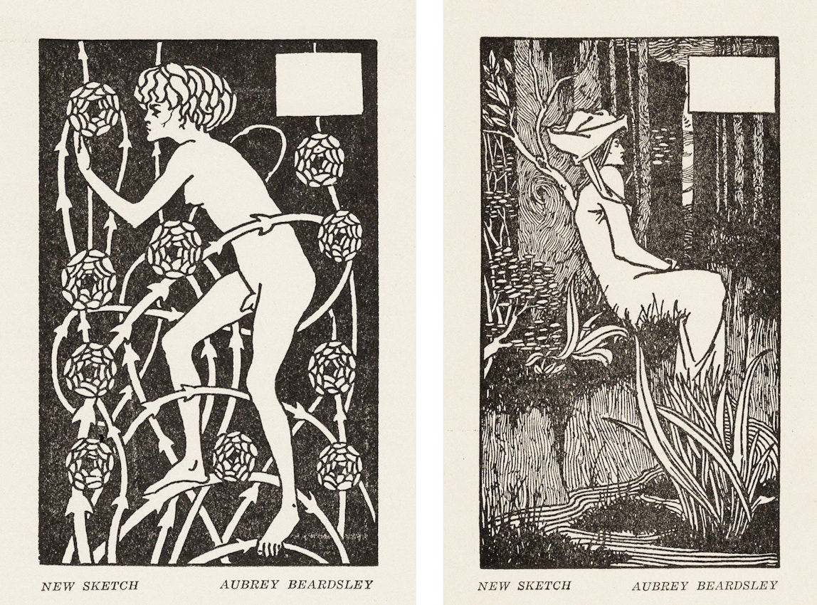 In two monochrome illustrations, the figure on the left is depicted in a dynamic pose, climbing amidst spherical, geometric shapes connected by vines or rods, while the other illustration presents a peaceful scene with a figure reclined against a tree, wearing a large hat, surrounded by dense reeds and a serene natural environment.
