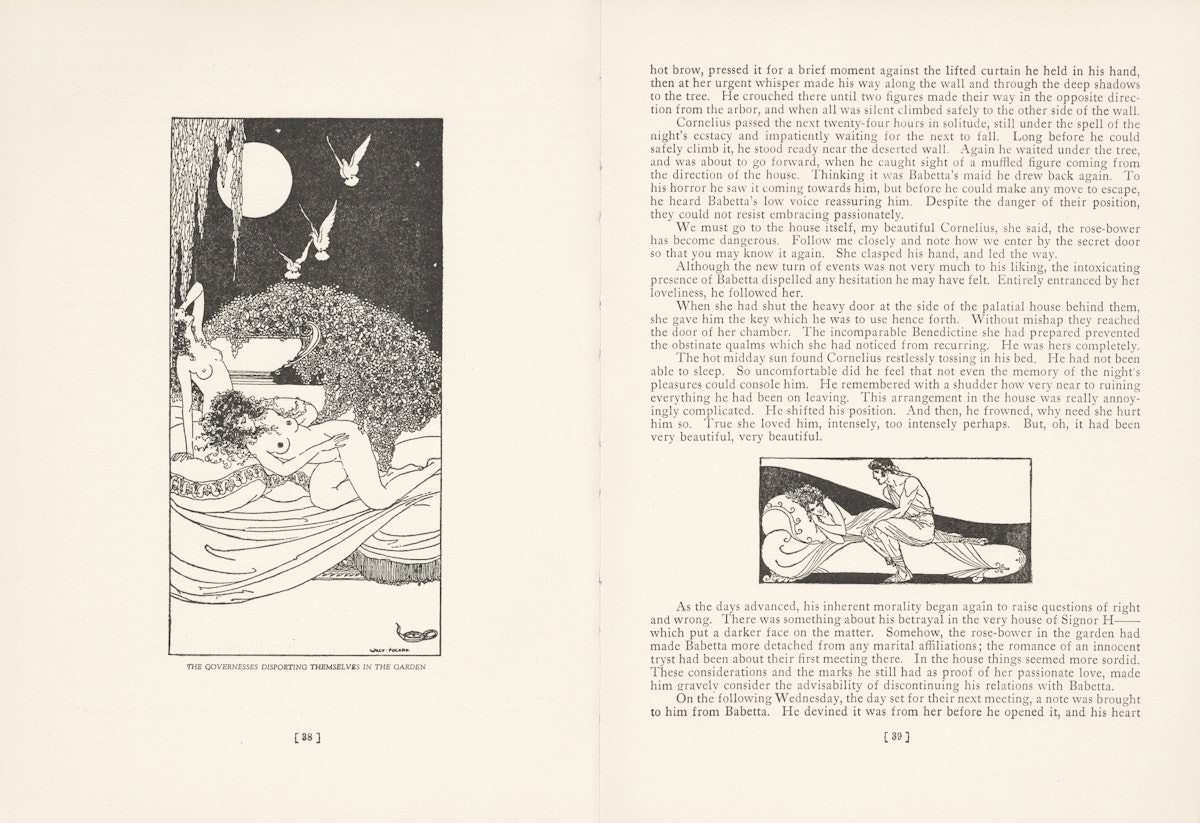 A two-page spread from a book has an illustration on the left portraying a reclining figure beneath a moonlit sky with birds in flight. The adjacent page includes mostly paragraphs of text with a smaller inset illustration portraying a reclining figure on an ornate cushion with another figure sitting next to them.