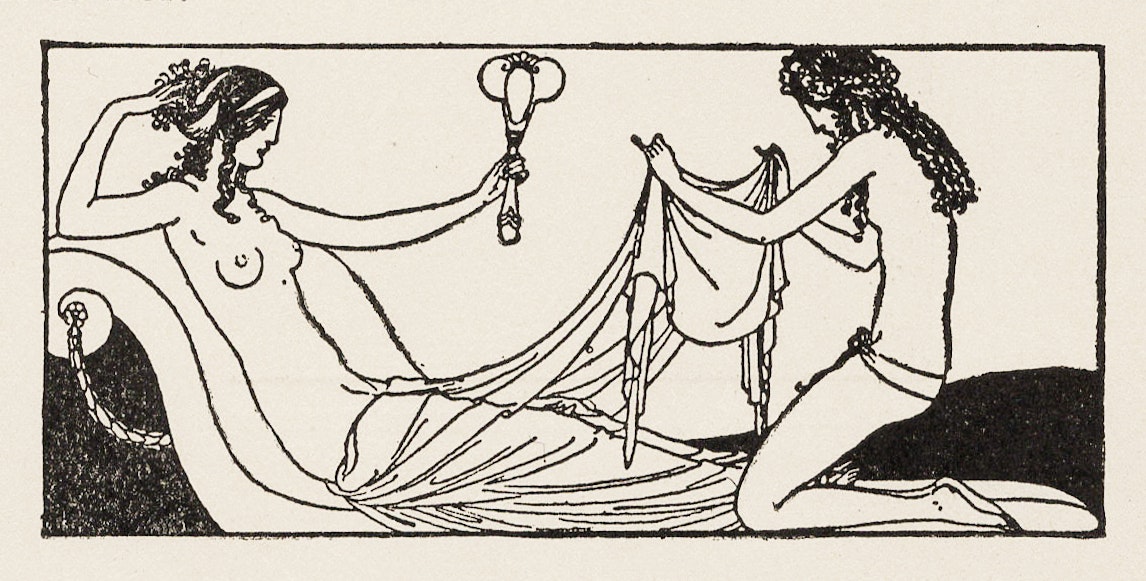 The monochrome illustration features two nude female figures. One woman reclines and holds a mirror, while the other kneels while wrapping a swath of fabric around the first. Both figures are adorned with headpieces and feature flowing lines, typical of stylized artwork.