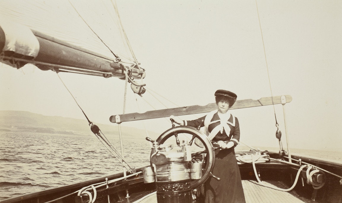 Photograph of Marie Corelli sailing a boat