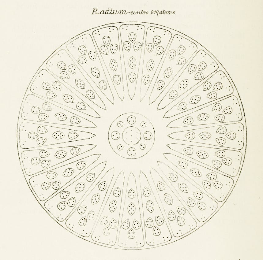 An illustration of radium as a round, seed-filled element