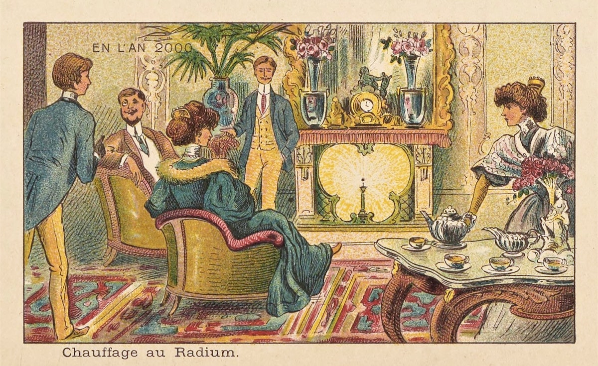 A chromolithograph of friends in a parlour, warmed by a radium hearth, in the year 2000