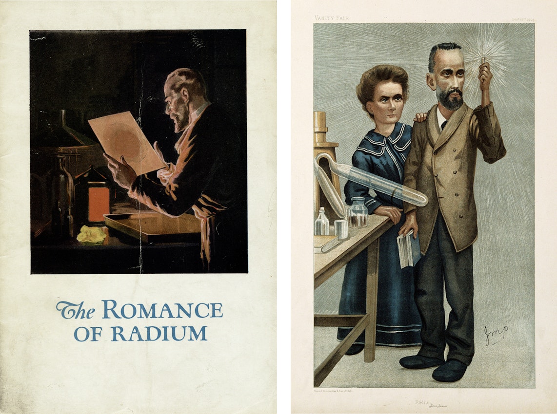A pamphlet cover reading “The Romance of Radium” and a caricature of Marie and Pierre Curie