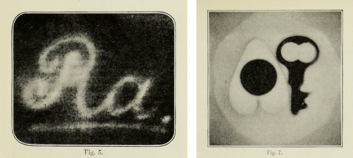 Photographic images made through exposure to radium. Left is the chemical symbol written as if with ink; right is an image made from radium passing through a coin, key, and heart-shaped object.