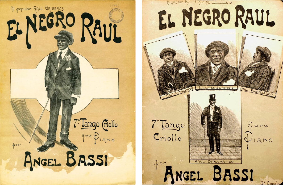 Illustrations of Raúl Grigera with hat and cane