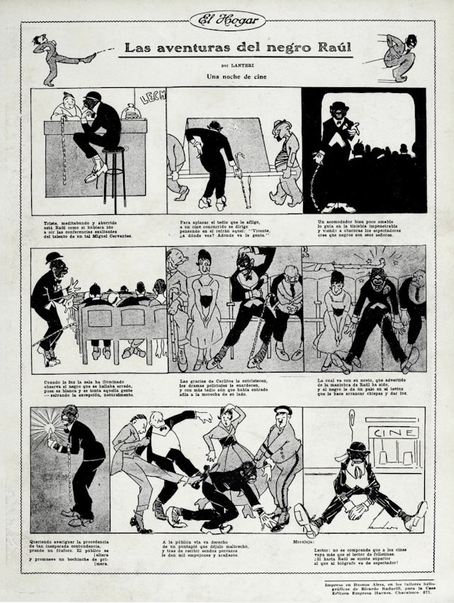 Multi-panel comic showing racialized depictions of Raúl Grigera at a movie theatre