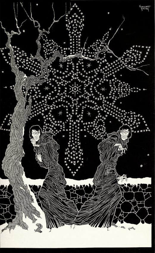 Two cloaked figures huddle against the cold beneath a gnarled tree while a large snowflake pattern made of stars fills the dark sky above them.