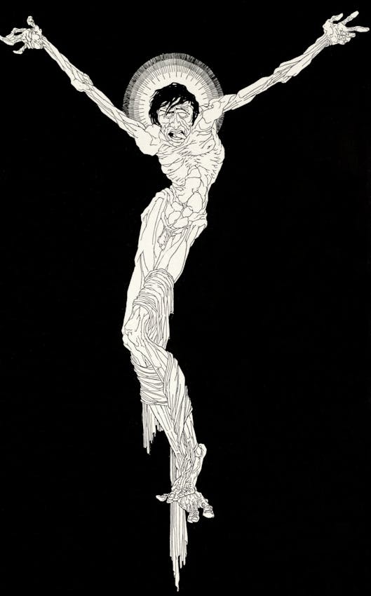 A figure with arms outstretched wears tattered wrappings and bears an anguished expression, with a radiant halo behind their head.