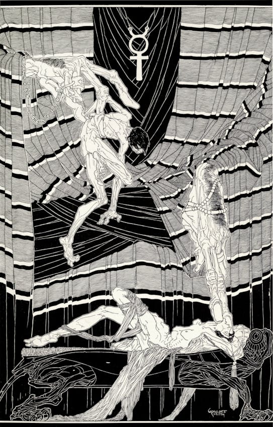 Three elongated figures dance and twist through a geometric space marked by curved stripes, beneath the astrological symbol for Mercury on a dark background.