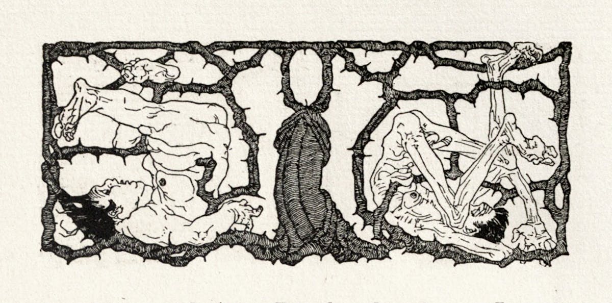 Two nude figures lie in separate panels divided by thorny vine borders, their bodies twisted in dynamic poses within the confined spaces.