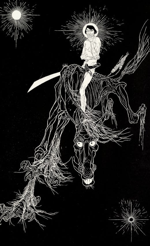 A figure with a radiant halo rides an elongated, skeletal horse with large eyes and bared teeth against a dark sky dotted with starbursts.