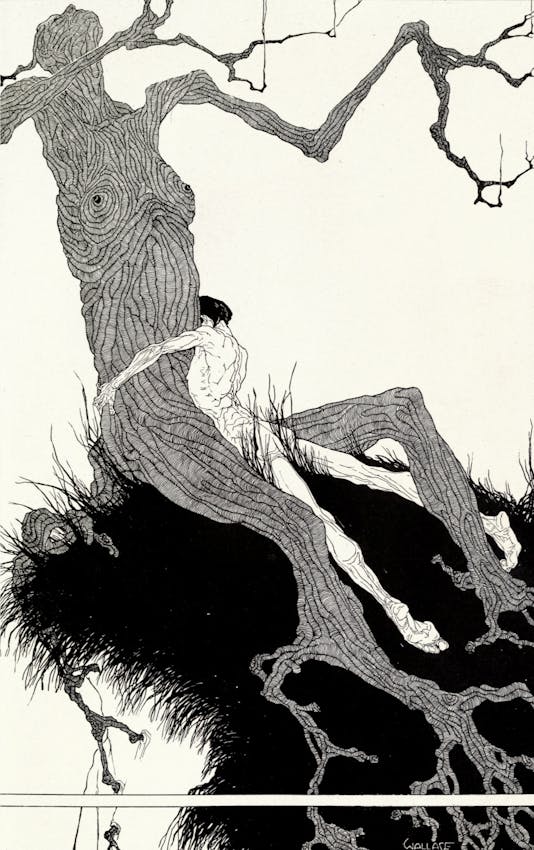 A nude figure embraces a massive gnarled tree trunk with spiraling wood grain patterns and branches suggesting a human form.