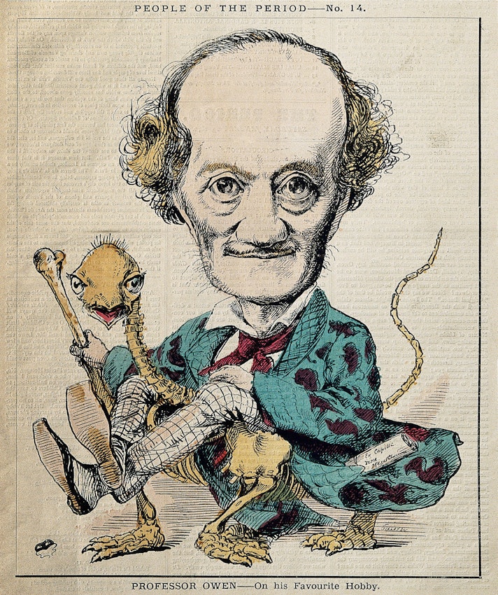 Caricature of a man with distinctive facial features and a dinosaur skeleton, titled ‘PROFESSOR OWEN—On his Favourite Hobby.’