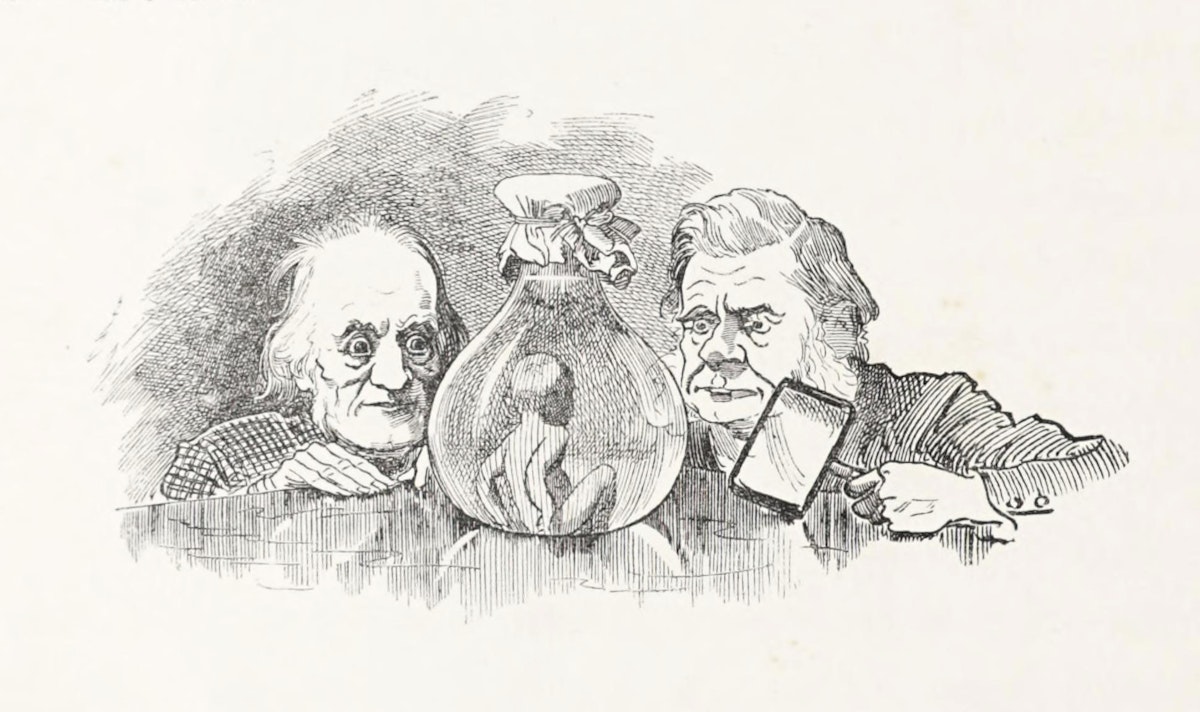 Caricature featuring two men looking at a small homunculus inside a transparent bulb tied with a ribbon.