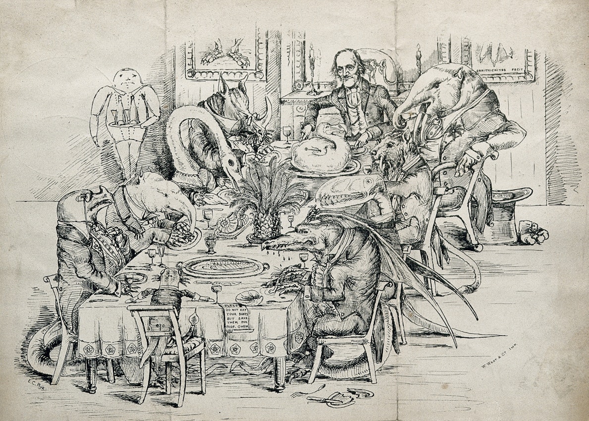 Illustration of assorted dinosaurs and prehistoric creatures partaking in a formal dinner around a large table.