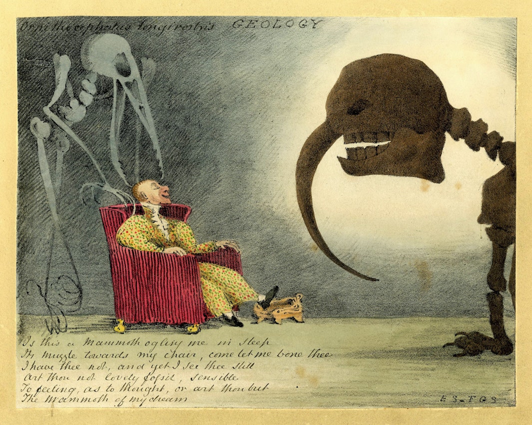 Caricature depicting a person in a patterned outfit reclining in a chair, gazing at a mammoth skeleton.