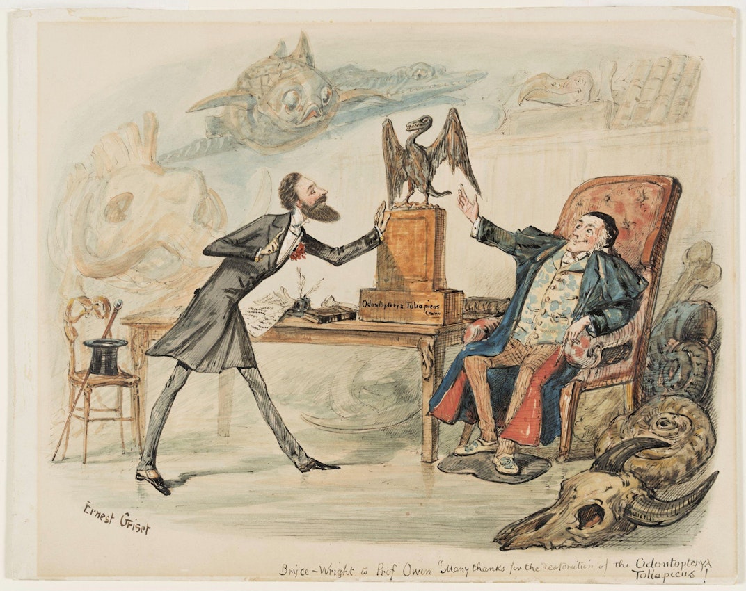 Caricature showing a man presenting a small pterosaur skeleton to another man seated with various fossils.