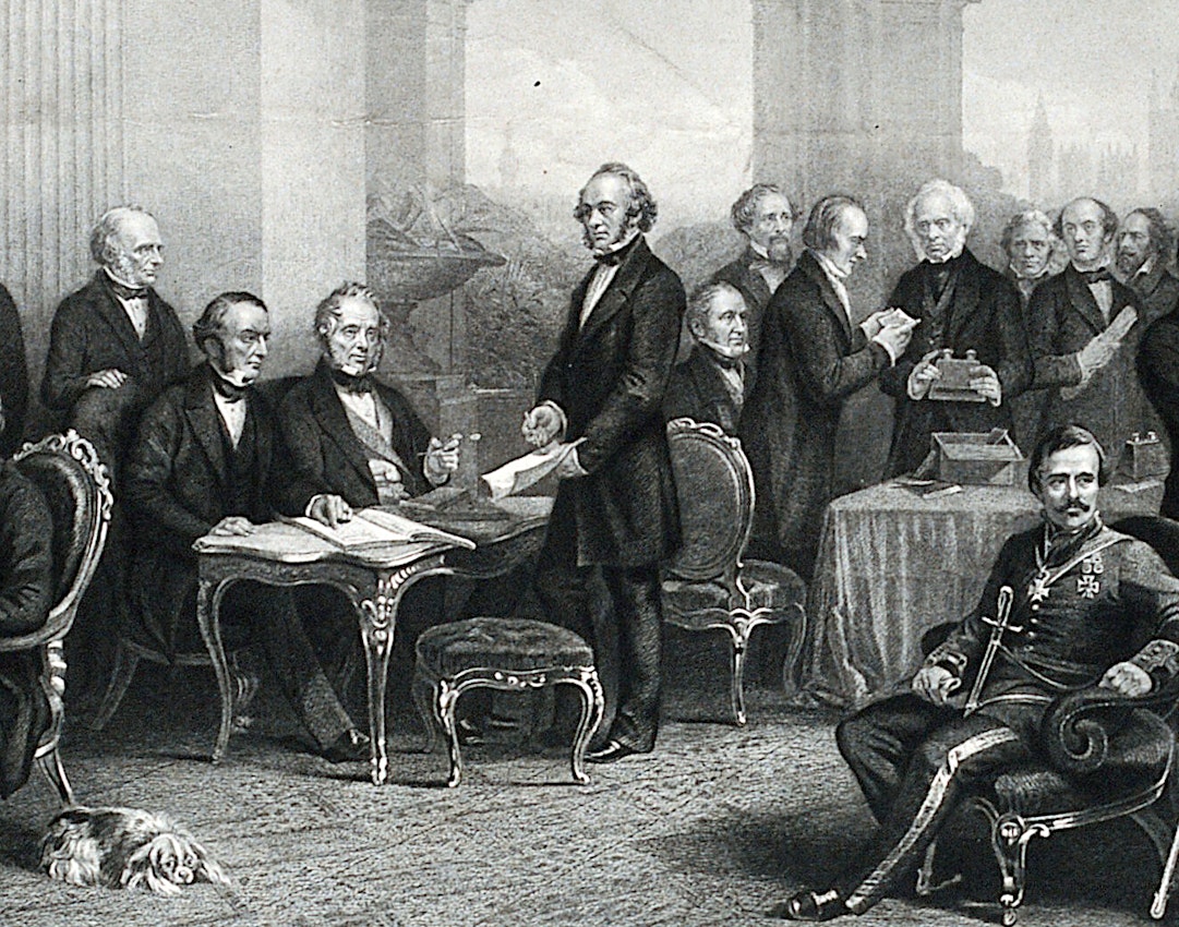 Engraving of a group of men in 19th-century attire, some seated and standing in a formal room.