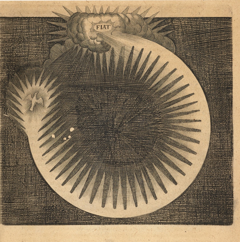 A stylized circular illustration with the word “FIAT” inside a cloud and rays of light emanating outward, featuring a dove on the left.