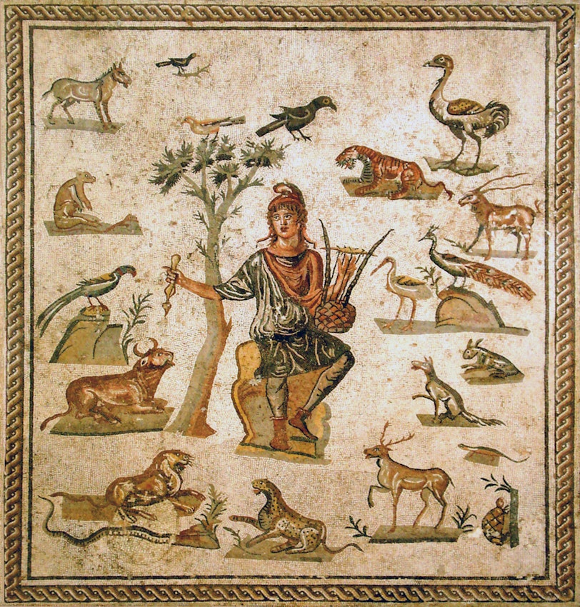 A mosaic depicting a figure with a lyre surrounded by various animals and birds, all set within a decorative border.