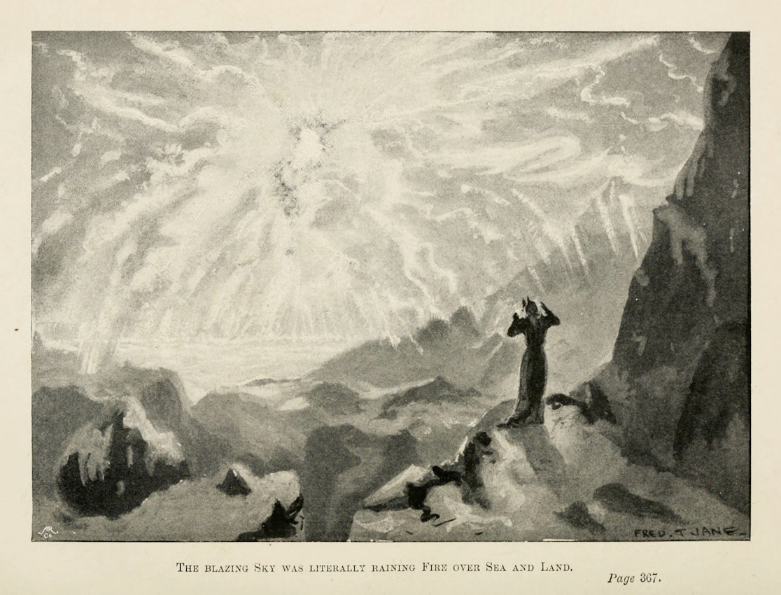 The illustration depicts a dramatic scene with a person standing on rocky terrain, gazing up at a sky ablaze with intense, radiating light. The clouds appear to be swirling, creating a sense of motion and chaos. The person, silhouetted against the bright sky, raises their hands to their head, suggesting awe or fear. The caption reads, “The blazing sky was literally raining fire over sea and land.”