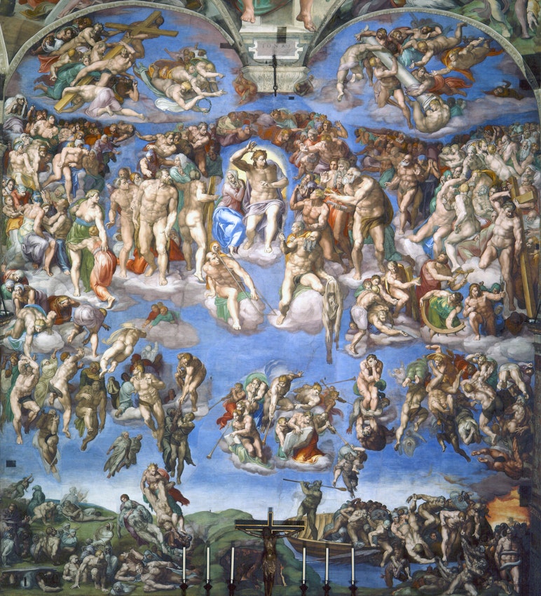 A fresco depicting numerous human figures in various dynamic poses, with a central figure seated on a throne surrounded by clouds and other figures.
