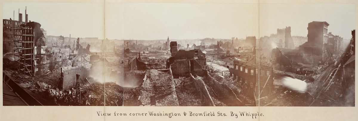 Panoramic view of a devastated urban area from the corner of Washington and Bromfield Streets