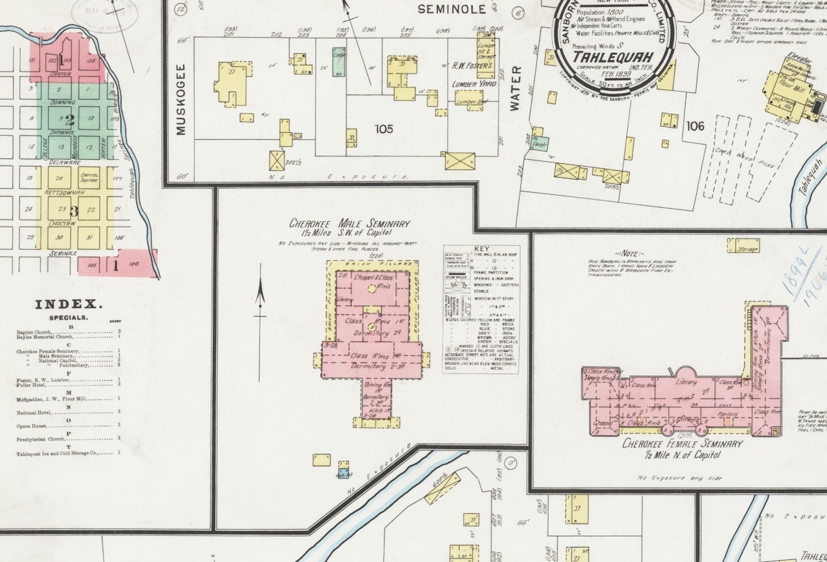 A map section highlighting the Cherokee Male and Female Seminaries along with surrounding structures, including a lumber yard and various labeled buildings, with an index of special sites