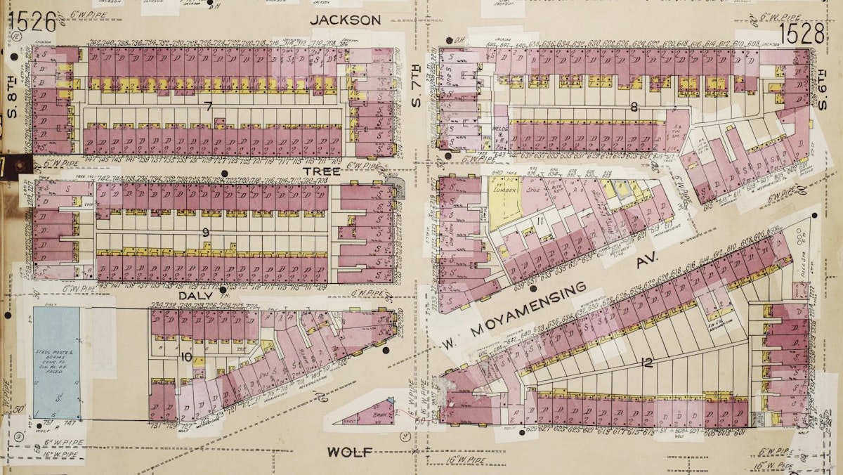This map highlights a section of a city with streets labeled Jackson, Tree, and Daly. Buildings are color-coded and numbered, with annotations indicating different types of structures, such as residential and commercial buildings. Specific features like pipes and lumber yards are also marked.